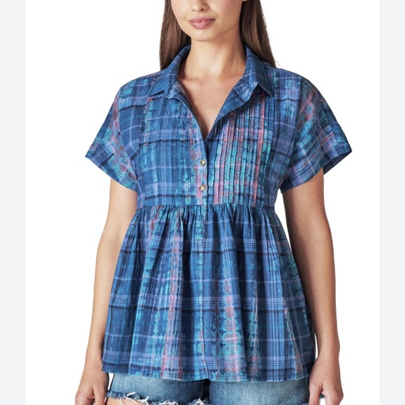 Lucky Brand Short Sleeve Babydoll Tunic Top Blue Tie Dye Lightweight sz Medium - Picture 9 of 10